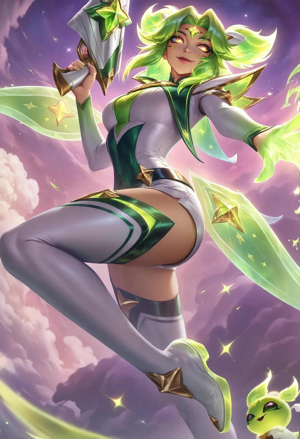 best quality, masterpiece \(quality\), L0LSPL4SH, year2024, year2023, West Studio, sixmorevodka, 1girl, star guardian, star guardian zeri, zeri \(league of legends\), solo, glowing hand, smile, happy, sky, cloud, foot up, blurry foreground, narrow waist, thighhighs, short shorts, suspenders hanging, suspenders, gun, holding gun, familiar, <lora:L0LSPL4SH_IllustriousXLv01:1>