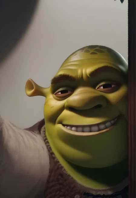 score_9, score_8_up, score_7_up, peeking out, upper body, IncrsAnyasHehFaceMeme, grin, shrek, green skin