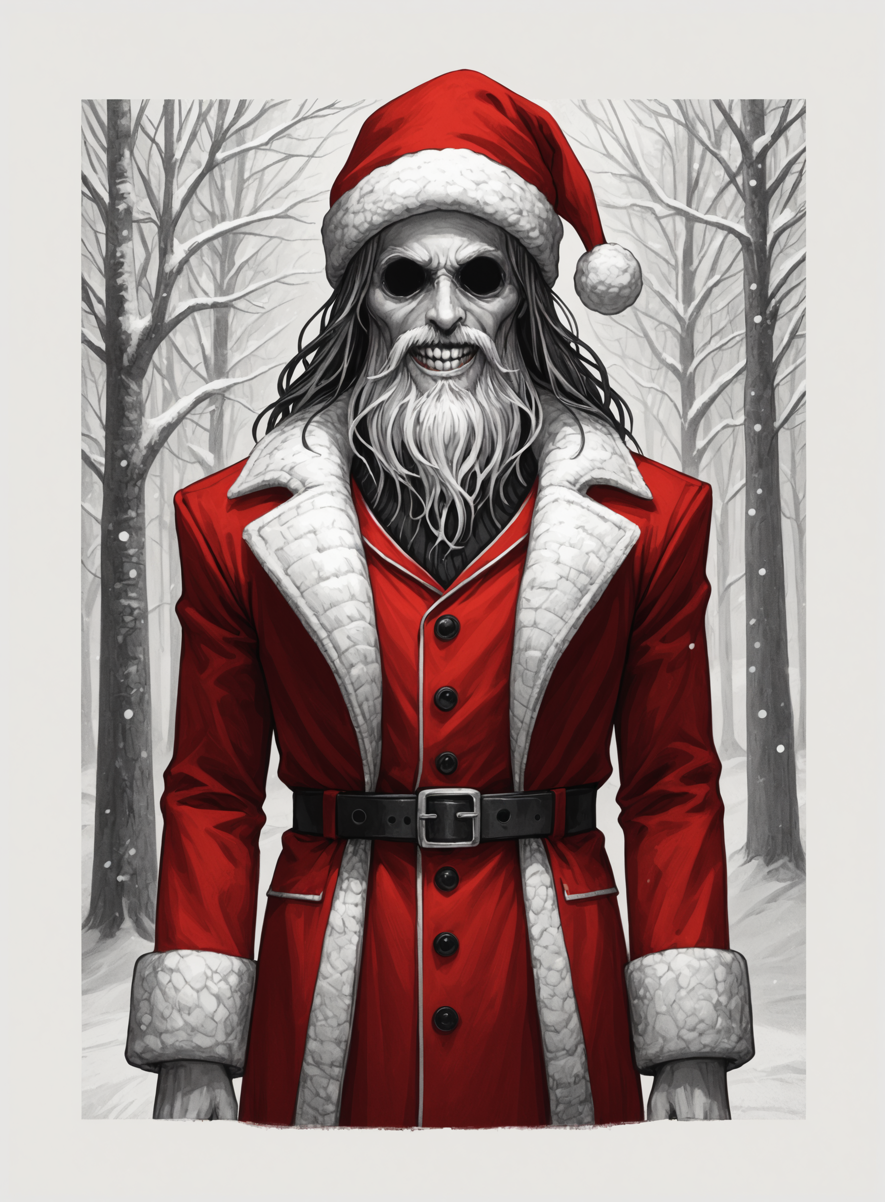 Doodle Art Style, score_9, A fantasy depiction santa, snowy frigid blizzard, belt buckle, by gerald brum, frail, expansive tundra stretches behind him, bright smirk, long white beard, red hat, winter jacket, <lora:The_Grey_Ones:0.6> gr4y0ne, no humans, horror (theme), no eyes, drawing, freeform, swirling patterns, doodle art style