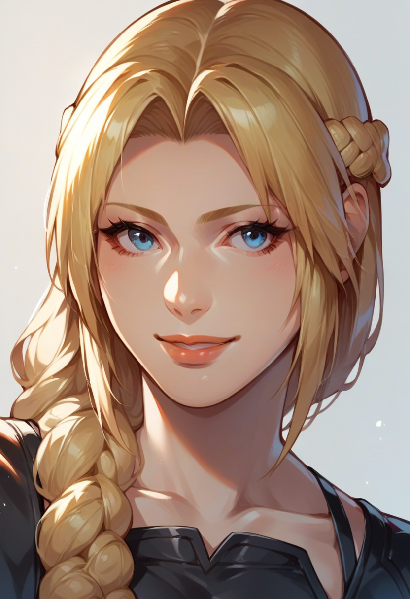 source_anime,score_9, score_8_up,,  masterpiece,1girl,(mature female:1.2),   blonde hair,blue eyes,  parted bangs,helena \(doa\),  single braid,   <lora:Helena_DeadorAlive:1>,smile,portrait, black dress