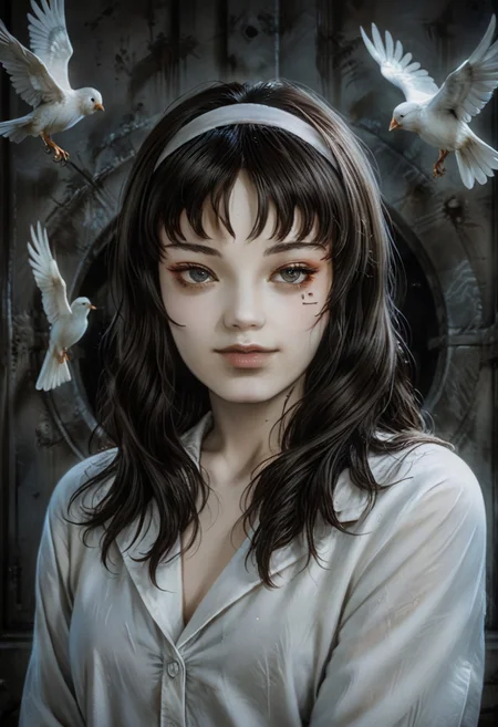 score_9, score_8_up, score_7_up, realistic, dark theme, low light, ((RoomLR)).
1girl, Tomie Kawakami, Gorgeous sexy female. Beautiful feminine face, Long hair, Sexy makeup.
Bird.