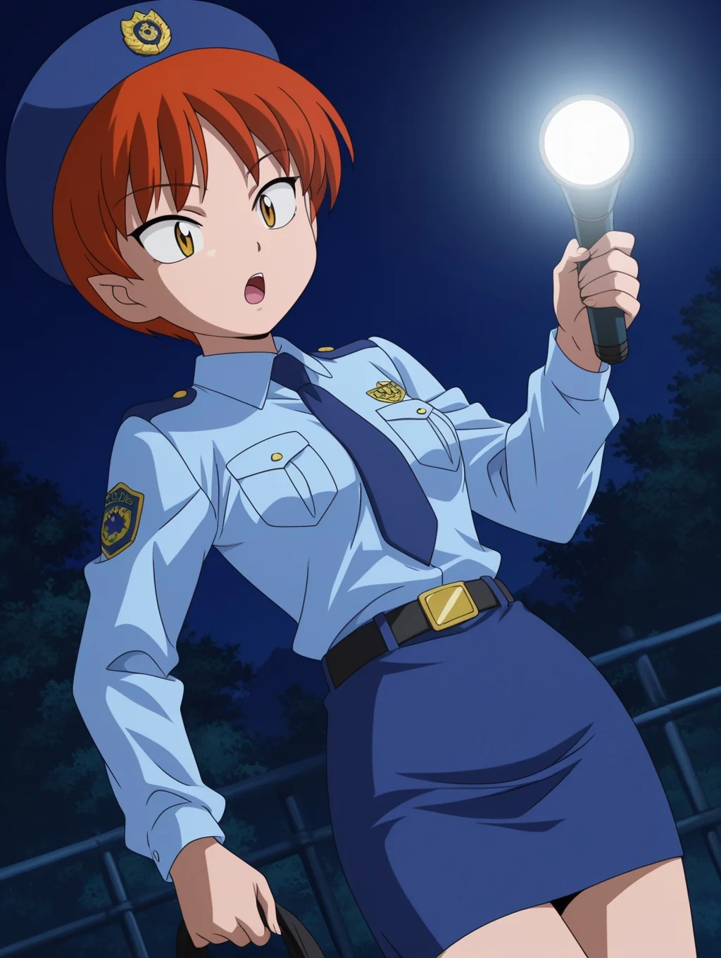 masterpiece, best quality, amazing quality, detailed background, perfect eyes, anime coloring, anime screenshot, 2000s \(style\), 1girl, solo, nekomusume (gegege no kitaro 5), red hair, short hair, choppy bangs, yellow eyes, small breasts, policewoman, hat, white collared shirt, long sleeves, blue necktie, belt, blue pencil skirt, open mouth, holding flashlight, dutch angle, cowboy shot, (outdoors, night, dark, soft light)