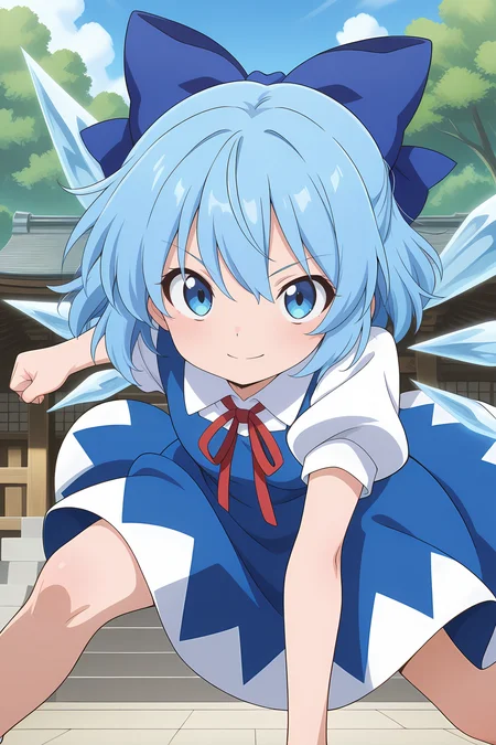 absurdres, highres, masterpiece, best quality, amazing quality, official anime artwork, screencap, anime screencap, outdoors, looking at viewer, light smile, dynamic pose, fighting stance, flying, ice attack, shrine,
<lora:Cirno_Illustrious:1> cirno, 1girl, solo, blue eyes, blue hair, short hair, ice wings, ice,, bow, hair bow, dress, blue dress, short sleeves, blue bow, puffy sleeves, red ribbon,