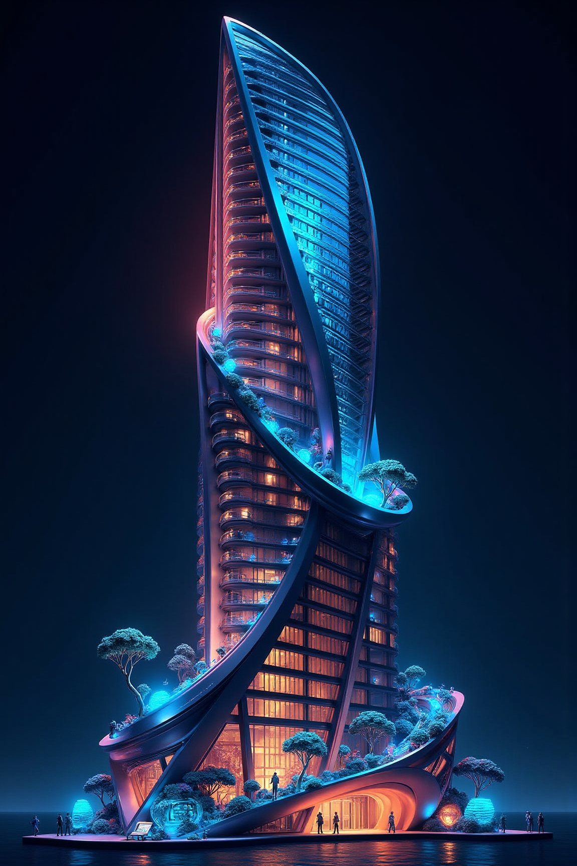 , YFG-Ge0m Design a futuristic, neon-lit skyscraper with a sleek, aerodynamic design and a sprawling, high-tech garden on its rooftop. The building's exterior glows with a mesmerizing display of LED lights, while the interior features advanced computer systems and holographic displays.