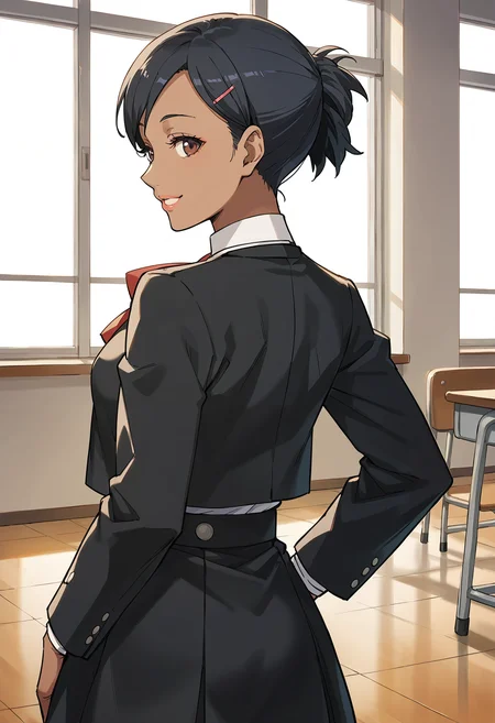 score_9, score_8_up, score_7_up, score_6_up, score_5_up, score_4_up, source_anime
(masterwork, masterpiece, best quality, hyper-detailed :1.3),
1 girl, solo, cute face,
p3yuko, short hair, black hair, hairclip, pink hairclip, hair ornament, brown eyes, dark skin, dark skinned female, tanned, lips
p3yuko-winter, gekkoukan high school uniform, jacket, black jacket, long sleeves, skirt, black skirt,
classroom, looking at viewer, standing, cowboy shot, smile, from behind, looking back,