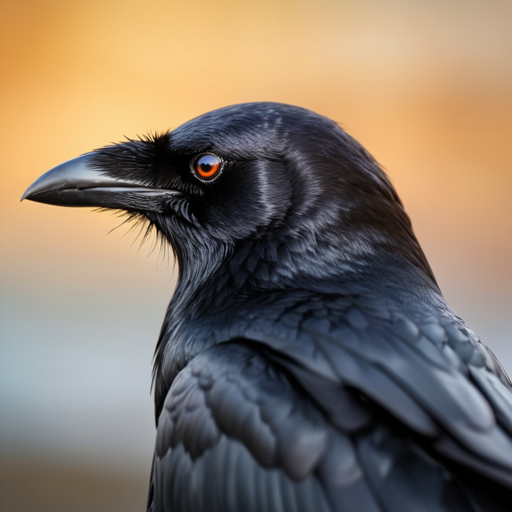 Picture a high-quality, macro level close-up photograph capturing the enigmatic beauty of a crow's head in sharp detail. The crow's wise eyes are the focal point, deep and reflective, mirroring the entire world within their gaze. They hold an almost mystical quality, reflecting a miniature panorama of the surrounding landscape at sunset. The warm, golden hues of the fading sun bathe the scene, accentuating the intricate textures of the crow's feathers and adding a soft, ethereal glow to the image. The crow is looking directly into the camera, its gaze piercing and direct, creating an intense connection with the viewer. In its eyes, the faraway ocean and islands are glimpsed, subtly blurred in the background, enhancing the sense of depth and isolation. This image is framed with a careful balance of zoom and depth of field, ensuring the crowâs face is in sharp focus while the background fades into a dreamy bokeh, emphasizing the profound and solitary figure of the crow against the vastness of the world.