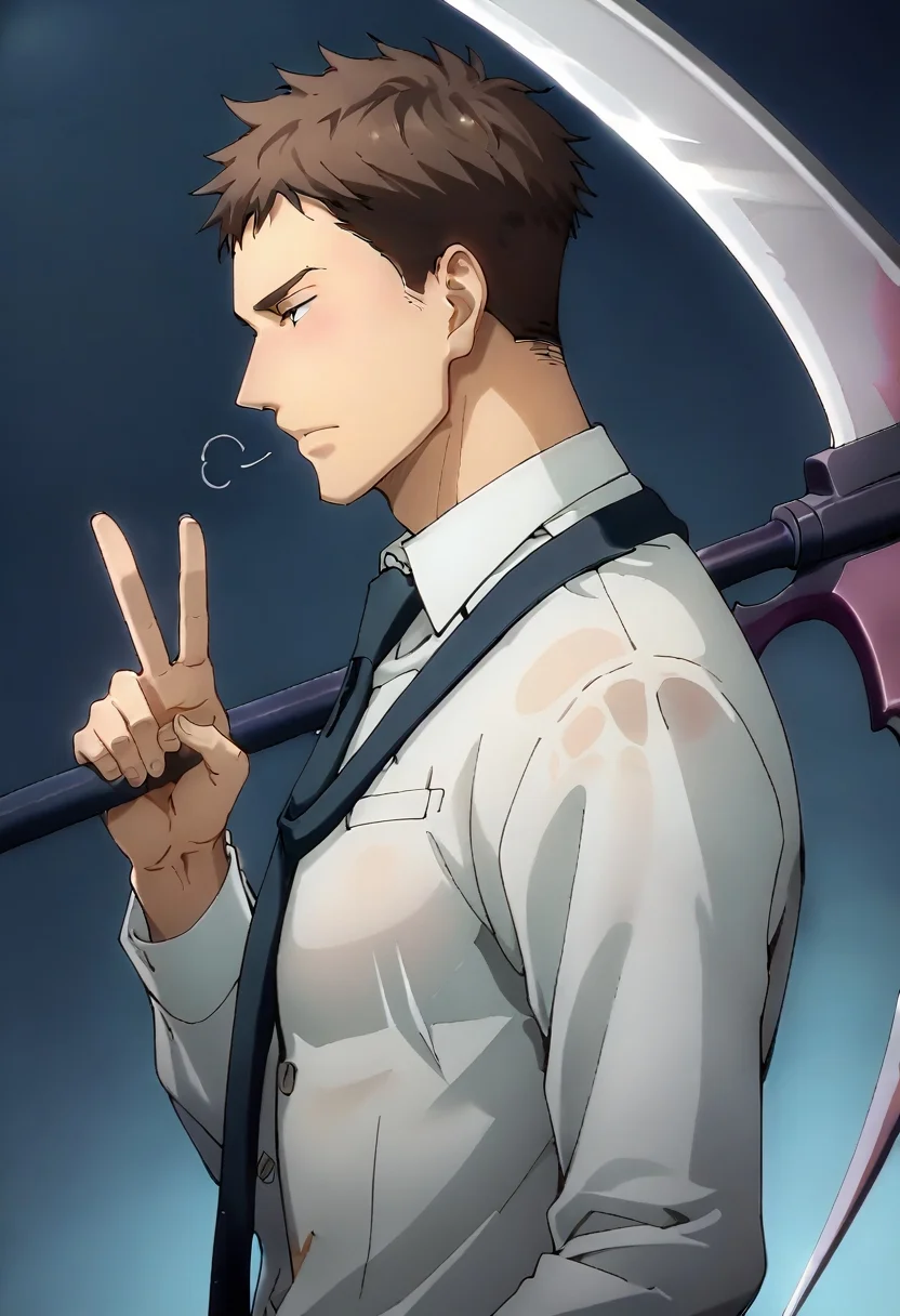 (score_9, score_8_up, score_7_up), ((source anime, best quality, best aesthetic, perfect anatomy, zPDXLxxx)), 1boy, male_focus, handsome detailed face, black eyes, collared shirt, necktie, solo, modern office, portrait, (((Sleepy, neon light, side view down, peace symbol, Walking, holding_scythe))), <lora:aesthetic_anime_v1s:1>, <lora:Smooth Anime 2 Style SDXL_LoRA_Pony Diffusion V6 XL:1>, <lora:Doumeki:0.8>, doumeki