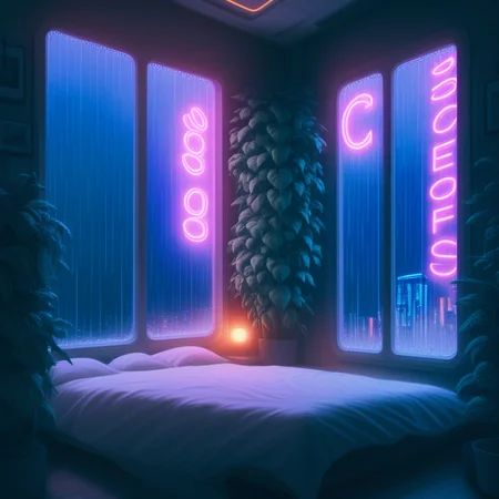 score_9,score_8_up,score_7_up,score_6_up, steaming coffee cup on windowsill, plants on the windowsill, wall of plants, monstera plant, large plant, tidy bedrrom, small room, cramped bedroom, teddies on the bed, cyberpunk city view out of the window, neon light, purple neon lights, rain, rain outside, rain on the window