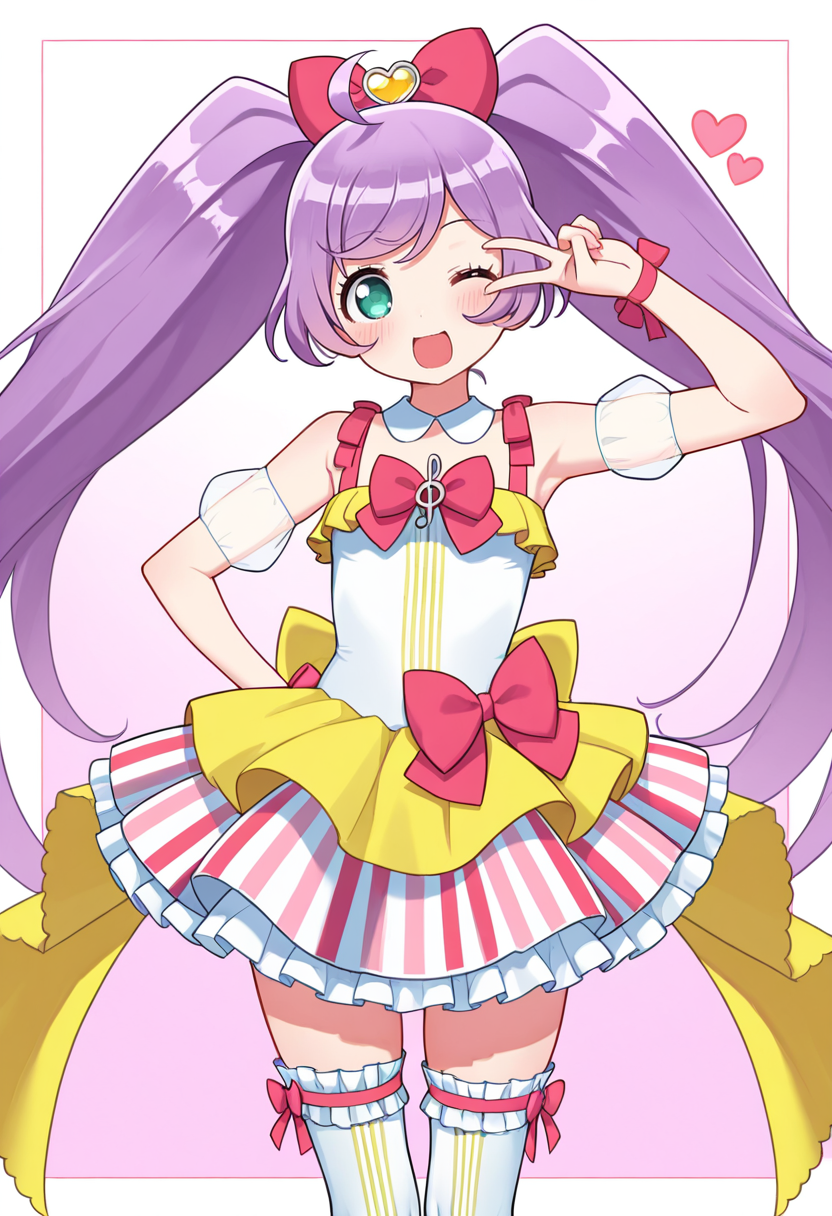 best quality, masterpiece, absurdres, manaka laala, kashikoma!, v, one eye closed,  idol dress,  thighhighs, heart   <lora:manaka_laala:1>