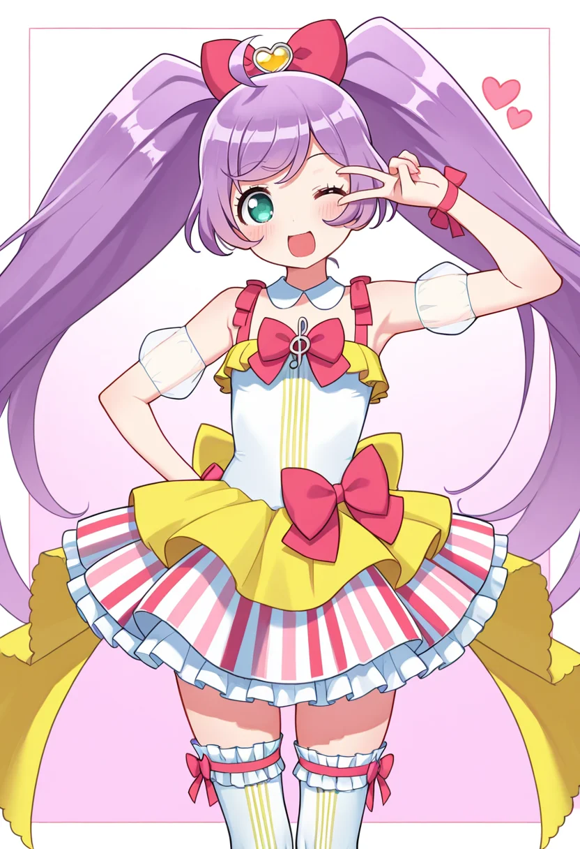 best quality, masterpiece, absurdres, manaka laala, kashikoma!, v, one eye closed,  idol dress,  thighhighs, heart   <lora:manaka_laala:1>