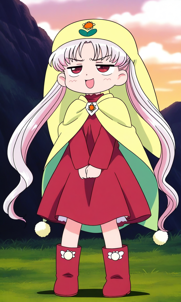 general,highres, ultra-detailed,very aesthetic,best quality ,best hands, BREAK <lora:Princess_Silver_Crayon_Oukoku_Ver2.0_IS:0.9>
Silver_Oujo(Crayon_Oukoku), 1girl, solo, long hair, white hair, pink hair, red eyes,
yellow headwear, twintails, parted bangs,
red dress, boots, pom pom (clothes),
annoyed,narrowed eyes,jitome,sanpaku,
full body, open mouth, red dress, :d, 
long sleeves, red footwear, v arms, 
hair bun, standing,
grass, sky, fantasy,