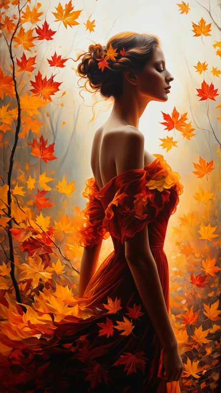 An exquisite oil painting on canvas that captures the essence of autumn with a stunning, intricate portrayal of a young woman's figure. The leaves, painted in rich, vibrant shades of red, orange, and yellow, are artfully arranged to form the silhouette of a woman. The leaves dance in the wind, creating a dramatic effect with their fluid, expressive movements. The artist's skillful use of Metchley oil and alcohol ink results in a highly detailed masterpiece that showcases the beauty of nature and the strength of the female form. The high definition of the painting allows for the fine details to be appreciated, making it a truly captivating work of art., painting. highly detailed and hyper realistic photo, by Alena Aenami , by Archibald Thorburn , by Daniele Afferni , in the style of monochromatic silhouette reflection, limited dark palette, unusual dark colors, faded colors, atmospheric haze, highly dramatic cinematic lighting, motion blur, film grain, professional, excellent composition, finest details, maximized details, ultimate detail level, masterpiece, best quality <lora:Midjourney_People:1>