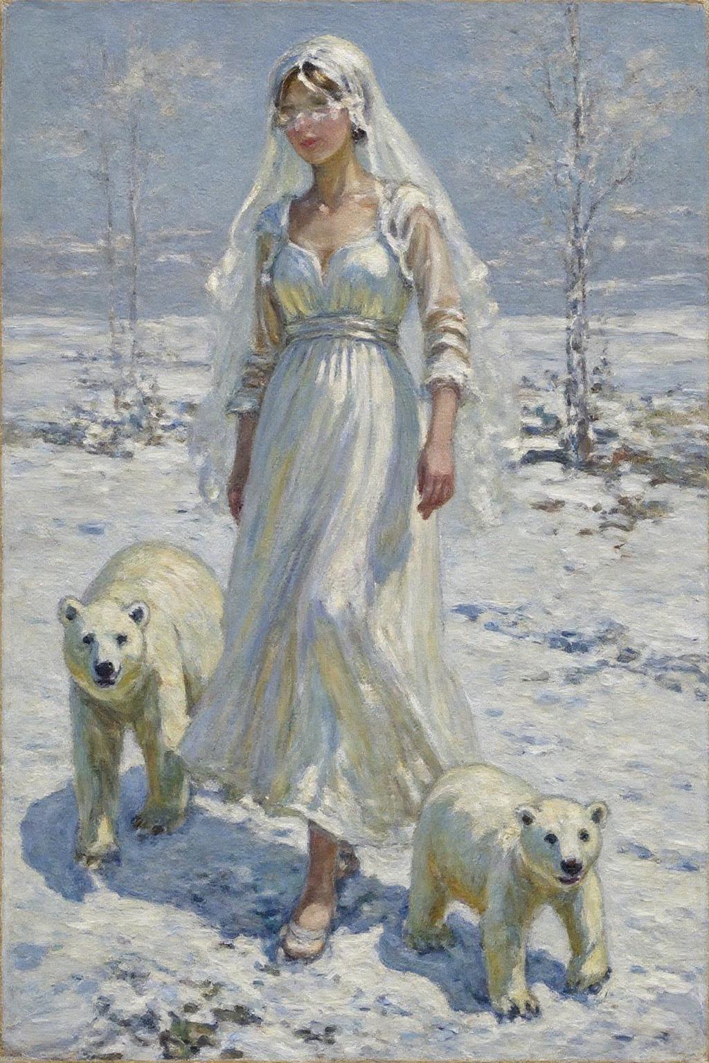 dorotheasharp1 painting. 
A Snow Queen with an ethereal appearance. She is dressed in a flowing, long white gown that seems to shimmer, possibly made of a translucent fabric or lace, giving it a delicate, ethereal quality. Her hair and face are obscured by a delicate, sheer veil that extends to the ground, adding to her otherworldly aura. Two polar bears are walking besides her.  <lora:dorotheasharp1_f16:1.0><lora:867764813479023365:0>