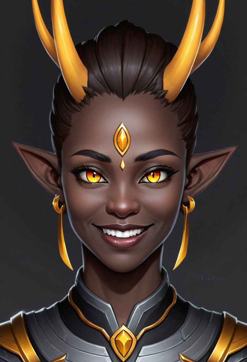 Te'kharoth, third eye, portrait, yellow eyes, horns, pointy ears, dark skin, smile, 1girl, solo, armor, necklace, tiara,