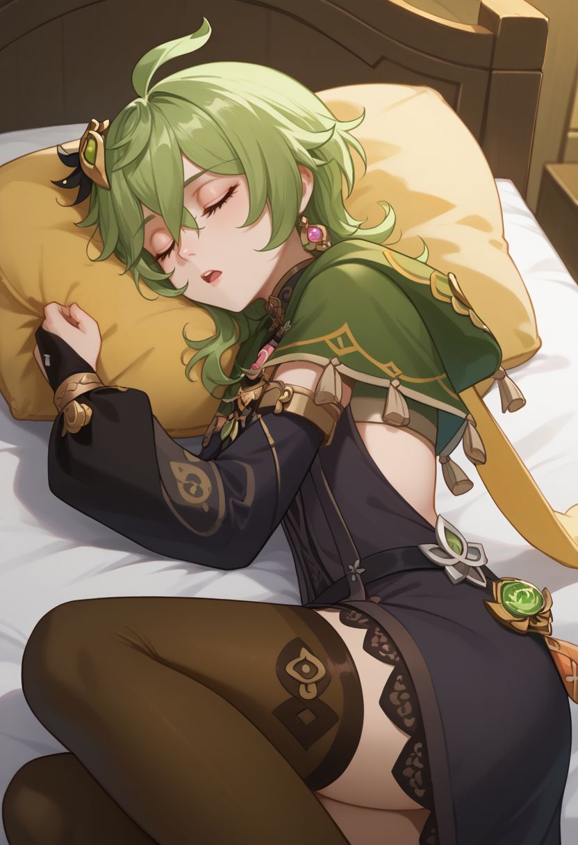 score_9, score_8_up, score_7_up, source_anime, 1girl, colleidef, green hair, medium hair, closed eyes, hair ornament, hair between eyes, ahoge, earrings, single earring, jewelry, green capelet, black dress, detached sleeves, puffy long sleeves, backless dress, bridal gauntlets, crossed bangs, brown thighhighs, asymmetrical legwear, thighlet, vision \(genshin impact\), open mouth, lap pillow, looking to the side, lying, on bed, on side, sleeping, indoors, bedroom, upper body,  <lora:Collei_v1-000010:1>