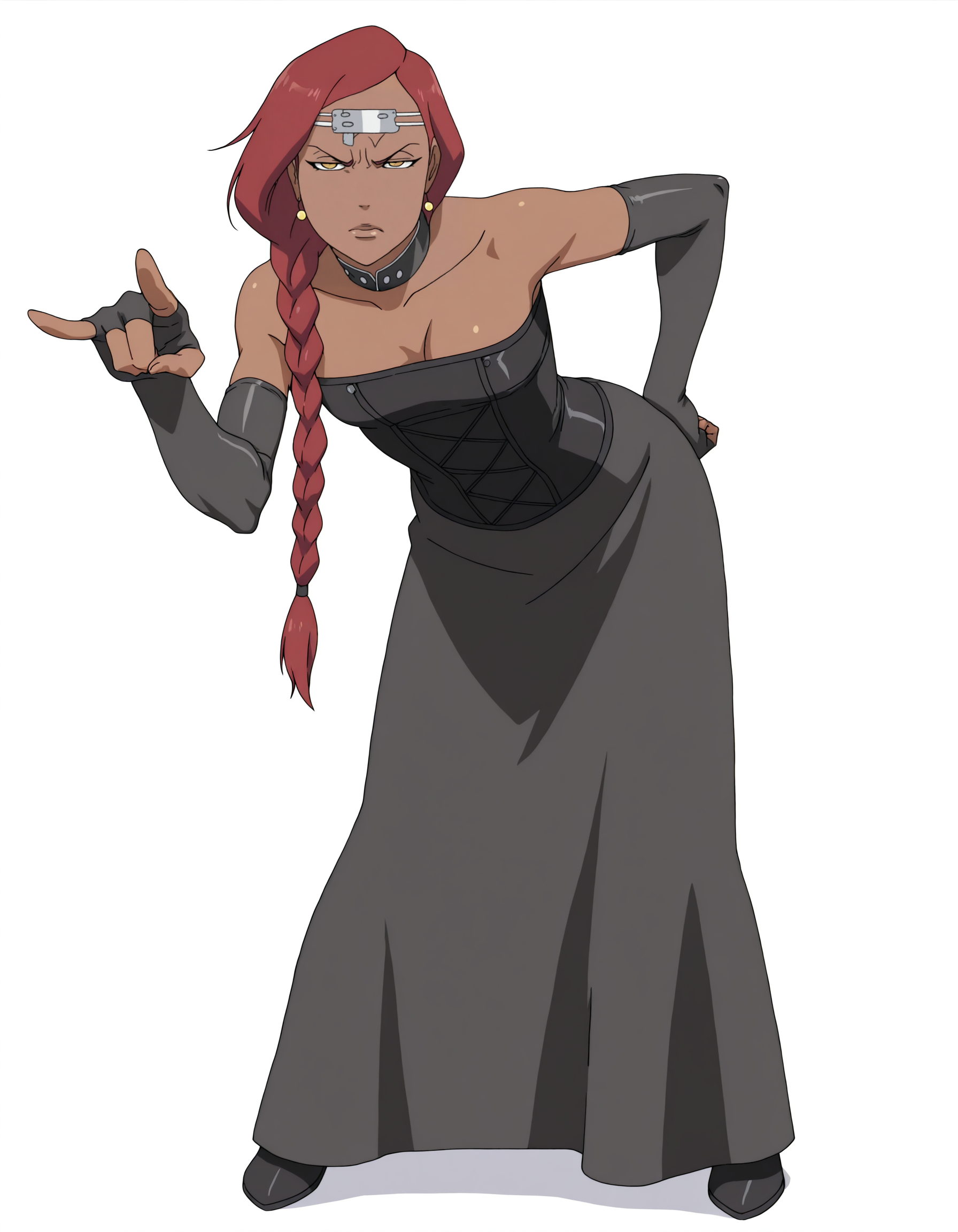 full body, solo, perfect composition, shadows, shading, <lora:anime_screencap-Illustrious:0.65> anime screencap, anime coloring, very aesthetic, absurdres, zPDXL, <lora:Pony_DetailV2.0:0.5> <lora:illustrious_quality_modifiers_masterpieces_v1:1>
<lora:k2ru1:0.8> k2ru1, 1girl, dark-skinned female, red hair, sideswept bangs, earrings, female focus, looking at viewer, angry, defined lips, closed mouth, <lora:Korra-Stare-Off-Il-1.0:0.65> Korra-Stare-Off-Il-1.0, pointing with two fingers, pointing at viewer, (leaning forward:1.2), hand on hip,
<lora:Outfit_soph-PadmeSenatorCosplay-ILXL:0.8> black corset, long braid, ((silver forehead circlet)), (choker collar), clothing cutout, detached sleeves, strapless, sequins, form fitting, bodycon, fingerless gloves, elbow gloves,
white background, simple background,