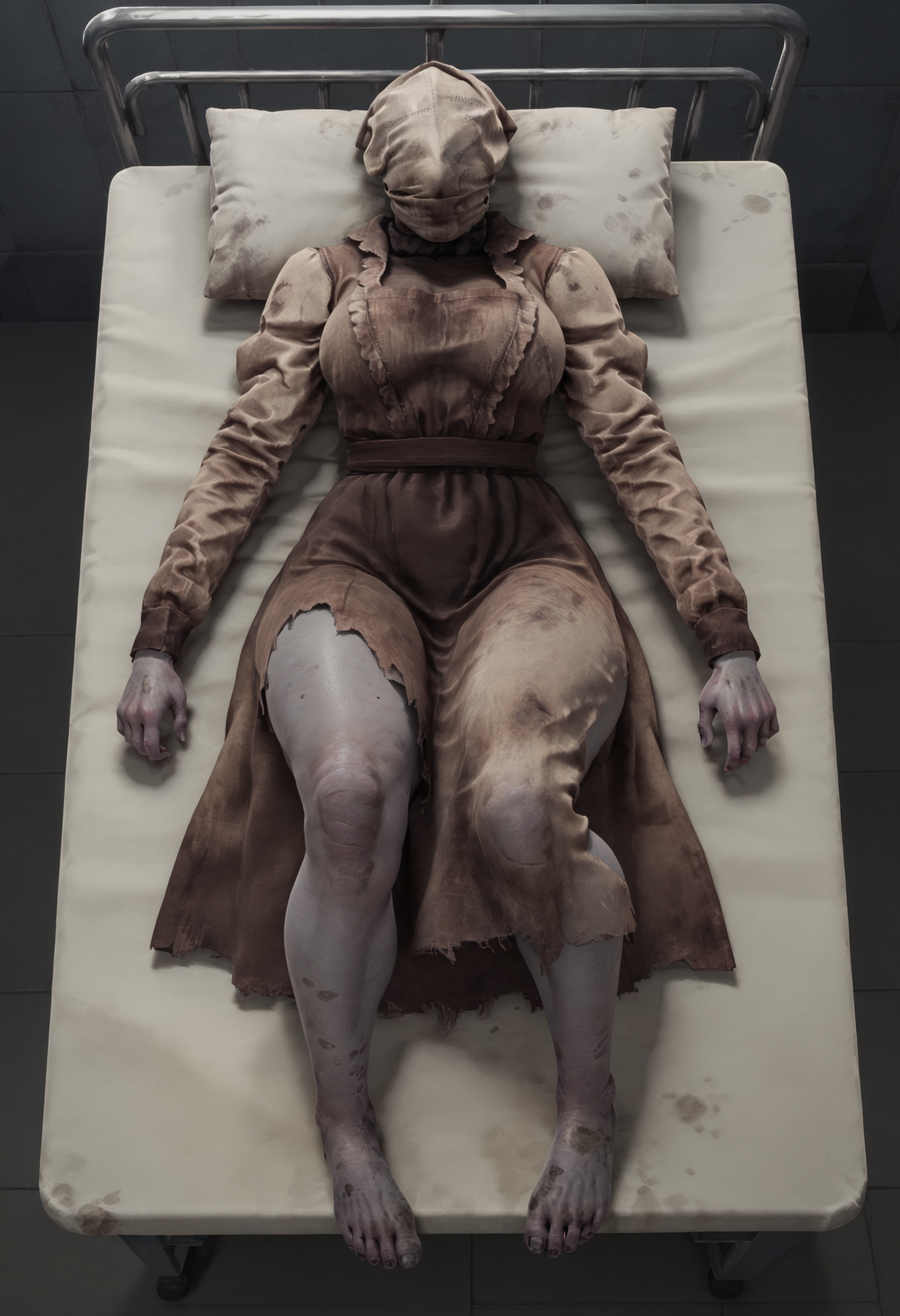 score_9, score_8_up, score_7_up, score_6_up, score_5_up, score_4_up, 1girl, <lora:TheNurseDBD_r1:0.75> solo, large breasts, eyeless, faceless, hood on head, thick thighs, long sleeves, dress, apron, grey skin, lying on back, dirty feet, barefoot, 
hospital, indoors, dark,