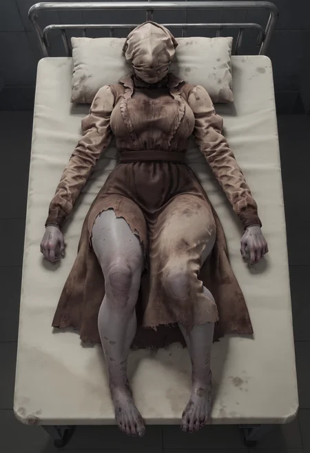 score_9, score_8_up, score_7_up, score_6_up, score_5_up, score_4_up, 1girl, <lora:TheNurseDBD_r1:0.75> solo, large breasts, eyeless, faceless, hood on head, thick thighs, long sleeves, dress, apron, grey skin, lying on back, dirty feet, barefoot,
hospital, indoors, dark,