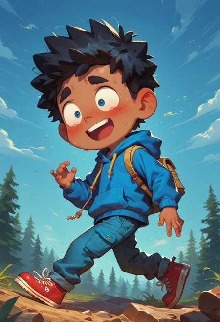 score_9, score_8_up, score_8, 1boy,max (camp camp), solo, hood, blue hoodie,, yellow shirt, blue pants, red shoes, curly black hair, dark skin, white ,cute, chibi, small body, barefoot((high_quality)), ((Super_Detailed)), cartoony, cartoon style, (by ardidon:1.2),max ((Super_Detailed)),camp background, cartoony, cartoon style, (by ardidon:1.2),max, dynamic angle, side view, view from the side, full body, excited face, fear face, blushing,