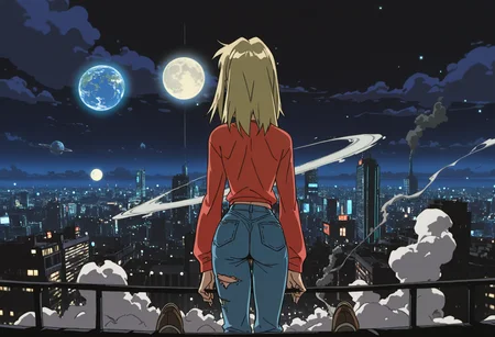 (cowboy shot, flcl, dandadan, seductive, narrowed_eyes, retro, retro_artstyle, 1990s_\(style\), sketch, blurry, bokeh, retro, vhs_filter, vhs_artifacts)
((FDK-Illu, 1girl, solo, long_hair, blonde_hair, photoshop_(medium), shirt, long_sleeves, original, standing, ass, sky, shoes, outdoors, cloud, pants, from_behind, torn_clothes, night, back, cover, moon, brown_footwear, denim, building, scenery, full_moon, smoke, jeans, city, arms_at_sides, facing_away, cityscape, blue_pants, planet, skyscraper, earth_(planet), city_lights))