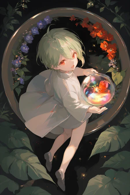 masterpiece,best quality,from above,1boy,full body,little boy,cute,androgynous,medium-length hair,light green hair,hair between eyes,red eyes,beautiful,open mouth,sparkle eyes,white pullover robe,floating round coloured glass,colorful light,night garden,fantasy,<lora:HyatsuXLlokr8f:0.6>,<lora:Rella:0.4>,