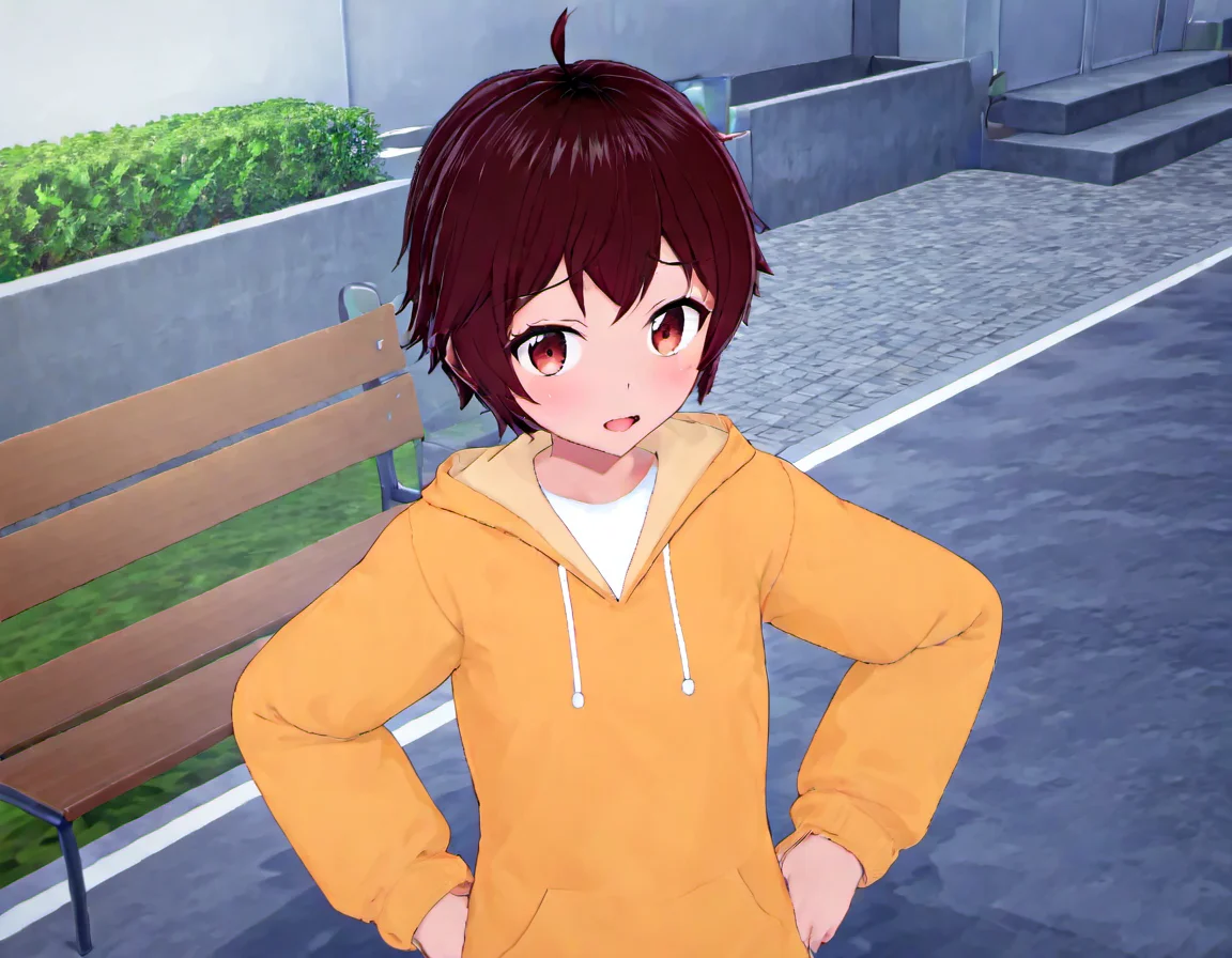 <lora:Miku_Maruyama:.8>,Miku, hood, hoodie, hand on hip, looking at viewer, ahoge, bench, 1girl, upper body, blush, outdoors, long sleeves, open mouth, drawstring