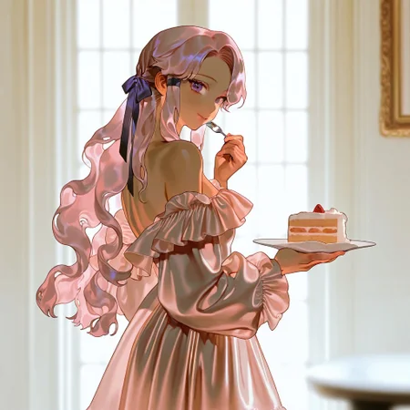 rei (sanbonzakura),(pigeon666:0.8),best quality,amazing quality,very aesthetic,very awa,depth of field,detailed face,strong visual impact,Volumetric Lighting,highly finished, indoors,
1girl,light pink hair,tan,parted bangs,wavy hair,hair flaps,small breasts,purple eyes,holding plate,cake,frills, off shoulder, long sleeves, satin dress, bare shoulders,from side,looking at viewer,frame,hair ribbon,long hair,light smile,holding fork,eating,