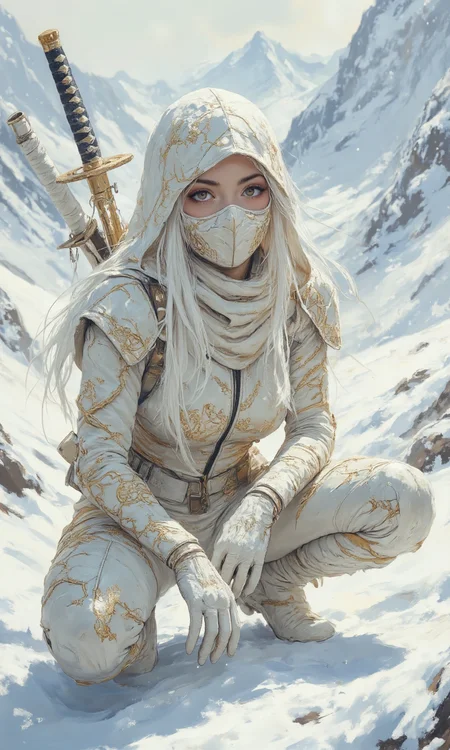 The photograph presents a full-body shot, captured from a slightly low angle, of a female cosplayer in a snowy, mountainous environment, portraying a character in a striking white and gold costume, the cosplayer's body pose is she is crouching low to the ground, with one knee up and the other leg extended slightly, as if in a dynamic, ready-for-action stance, her head is turned towards the camera, creating a three-quarter view, she wears a form-fitting, white bodysuit adorned with intricate, gold, filigree-like patterns that resemble swirling vines or ornate armor detailing, a black zipper runs down the front of the suit, her face is mostly covered by a white, textured mask that matches the hood, revealing only her eyes, which are accentuated with dark eyeliner and have a piercing, determined gaze, she has long, flowing white hair that cascades down her back, adding a dramatic flair, two swords with white scabbards and gold hilts are strapped to her back, hinting at a warrior or ninja-like character, the background features a breathtaking vista of snow-covered mountains under a pale, overcast sky, creating a stark, cold, yet beautiful setting, the lighting is soft and diffused, with no harsh shadows, highlighting the textures of the costume and the snow, the cosplayer's hands are covered in white gloves, with similar gold detailing as the rest of the suit, her costume is made of a material that looks like leather or a similar flexible, durable fabric., <lora:FLUX-daubrez-DB4RZ-v2:0.35> DB4RZ, DB4RZ style painting
<lora:ILLUSTRATION (FLUX) - V3.1:0.35> illustranion
<lora:aidmaMJ6.1_v0.5_3:0.35> aidmamj6.1, aidmamj6