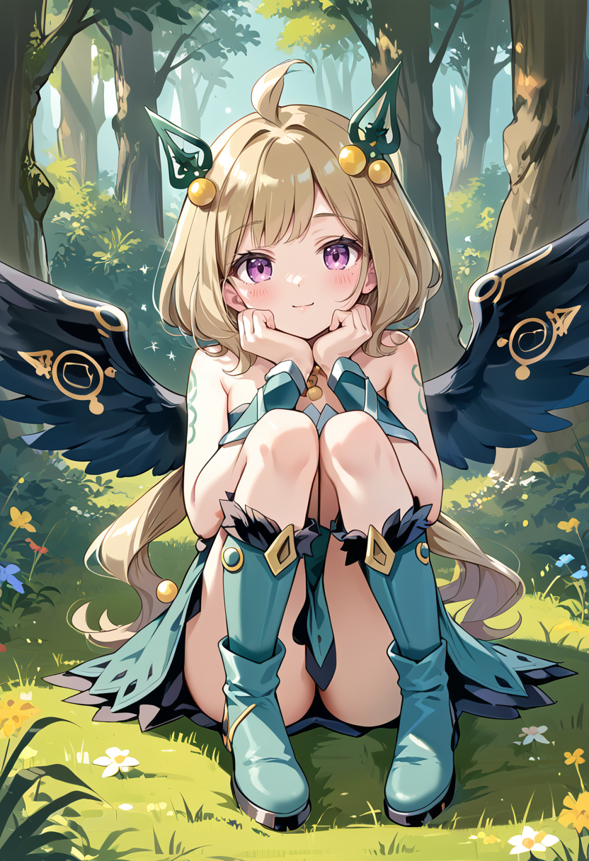 (score_9:0.9),score_8_up,score_7_up,rating_safe,anime style,(zPDXL),(zPDXL3),
<lora:Hugin the Runick Wings ponyXL v1:0.76>,hugin the runick wings,1girl,solo,grass,sitting,green hair ornament,outdoors,looking at viewer,green knee boots,green strapless dress,nature,hugging own legs,minigirl,yellow necklace,green vambraces,forest,fairy,
