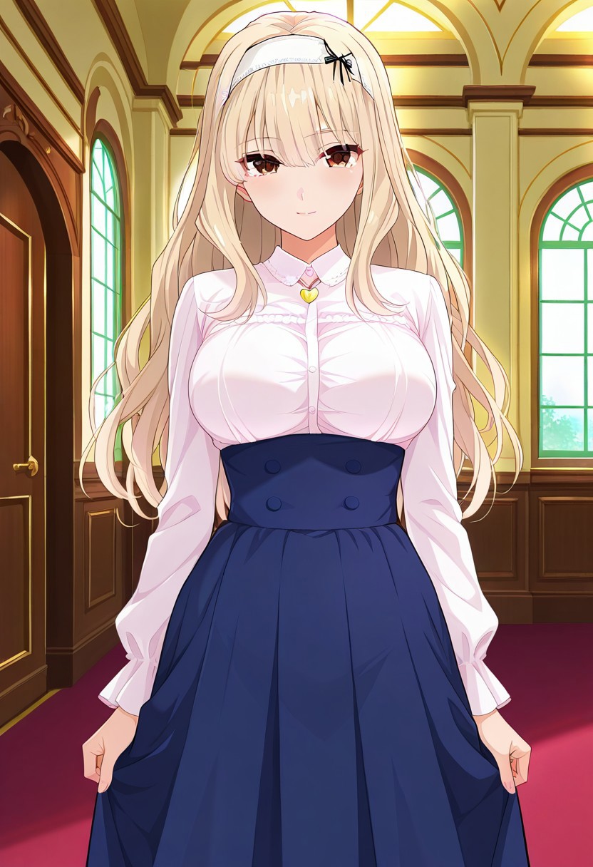 absurdres, best quality, masterpiece, amazing quality, highres, newest, detailed, source anime, anime coloring, beautiful, indoors, mansion,
BREAK
1girl, solo, standing, KijHyou, brown eyes, blonde hair, long hair, white hairband, wavy hair, light smile, light blush, looking at viewer,
virgin killer outfit, mansion attire, white blouse, heart necklace, blue skirt, high-waist skirt