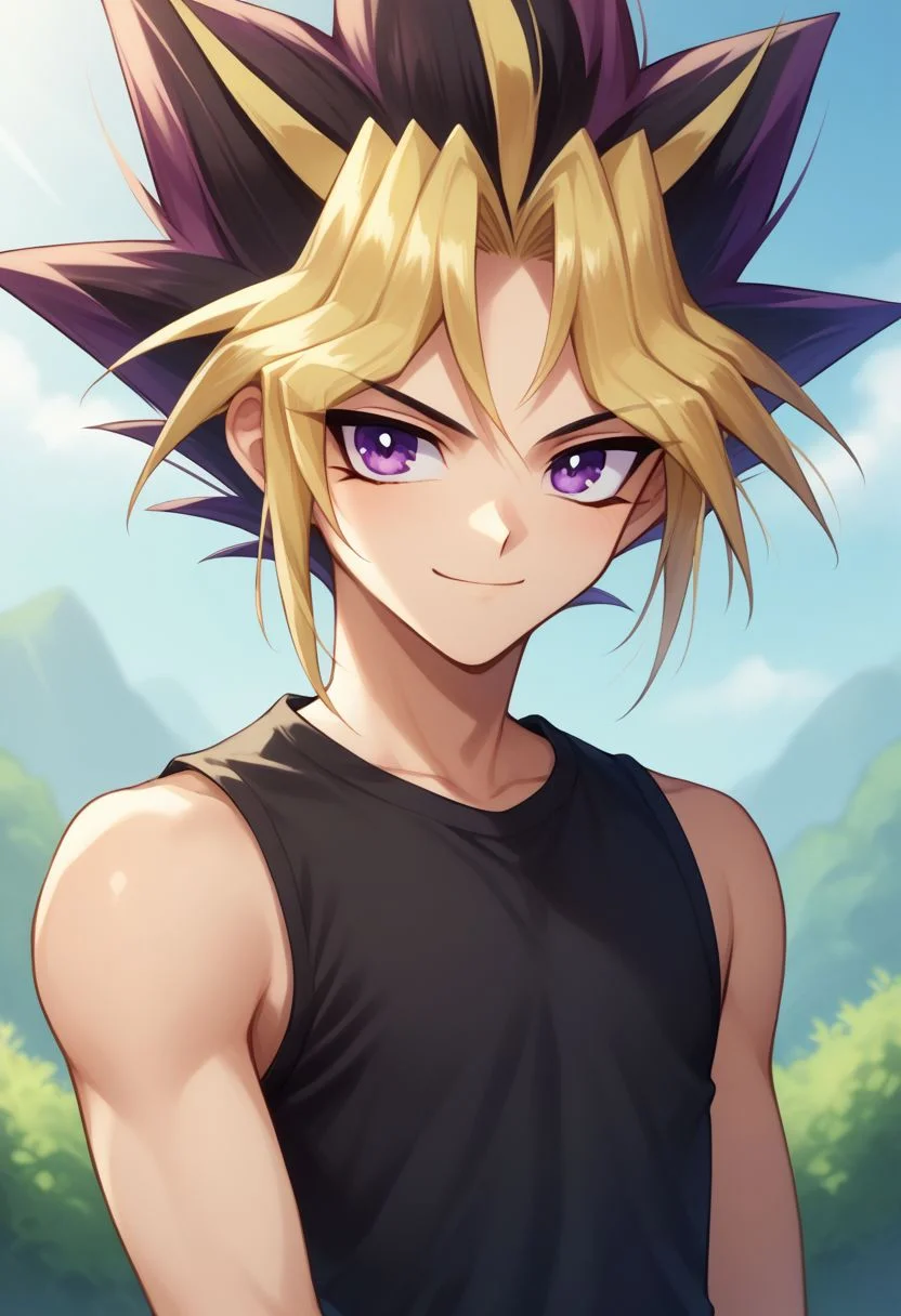 score_9, score_8_up, source_anime, highly detailed, 
yami, 1boy, male focus, blonde hair, solo, purple eyes, multicolored hair, shirt, black shirt, sleeveless, spiked hair, smile
outdoor,  upper body,