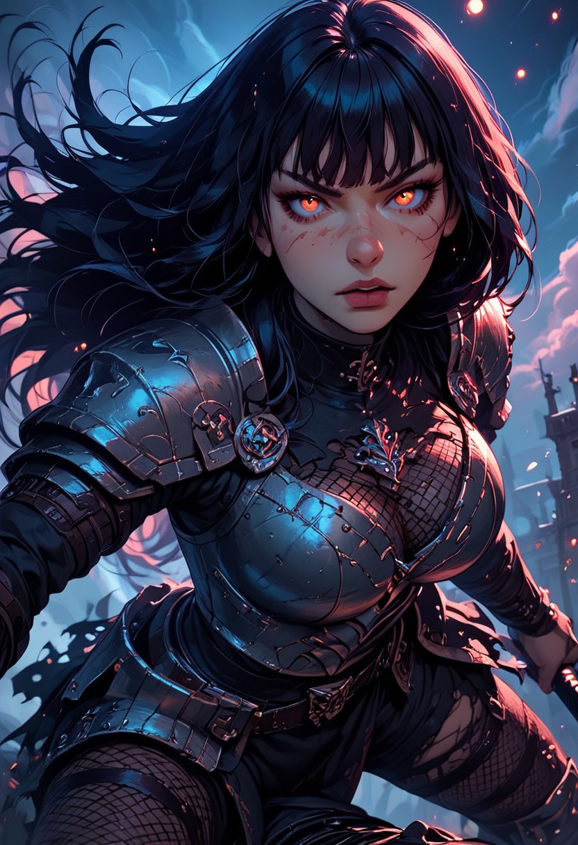 Score_9, Score8_up, Score_7_up, (((High Resolution, Best Quality))), 
1girl, beautiful, breasts, battle scarred, damaged armor, fishnets under armor, bangs, long hair, plated armour, holding sword, battle stance, dynamic angle, ancient fantasy city, battle-ready stance, dynamic pose, at night, moonlight, riding a nimbus cloud, nimbus, wukong theme, directional lighting, viewed from above,