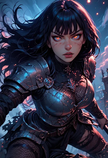 Score_9, Score8_up, Score_7_up, (((High Resolution, Best Quality))), 
1girl, beautiful, breasts, battle scarred, damaged armor, fishnets under armor, bangs, long hair, plated armour, holding sword, battle stance, dynamic angle, ancient fantasy city, battle-ready stance, dynamic pose, at night, moonlight, riding a nimbus cloud, nimbus, wukong theme, directional lighting, viewed from above,