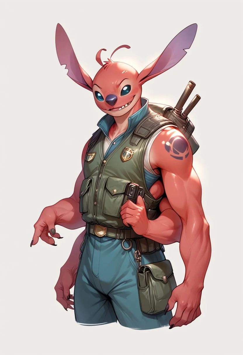 score_9, score_8_up, score_7_up, source_furry, solo, handsome Stitch, red skin tone, body armor, combat vest, (four arms:1.2), wicked, simple background, (detailed image, high resolution, 5k resolution:1.0), (Lilo and stitch art style), (anime Art Style:1.2)