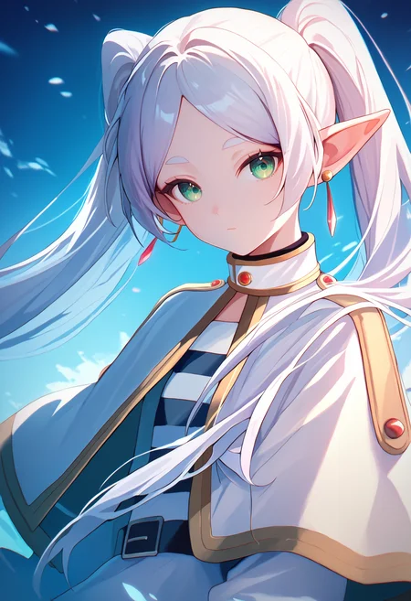 frieren, 1girl, solo, pointy ears, green eyes, twintails, very long hair, earrings, jewelry, capelet, elf, looking at viewer, white capelet, long sleeves, white dress, closed mouth, parted bangs, white hair, upper body, <lora:sousou_no_frieren_collection_v1.2:1> score_9, score_8_up, score_7_up, score_6_up, absurdres, masterpiece, best quality, very aesthetic