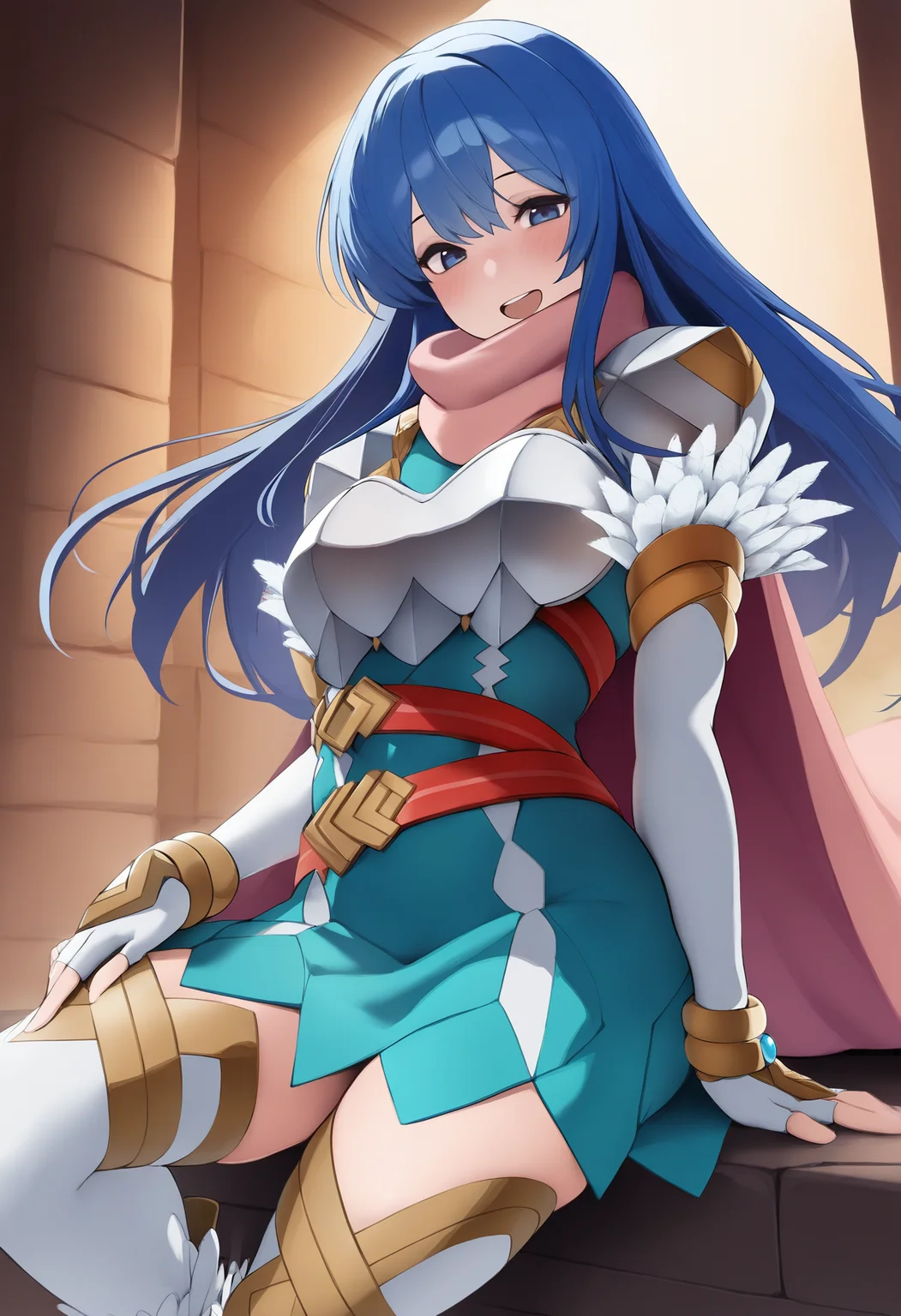 masterpiece, best quality, 1girl, solo, <lora:caeda-fe-richy-v1_ixl:1> caedarsp, blue eyes, blue hair, long hair, bangs, pink scarf, shoulder armor, chestpiece, teal dress, white gloves, elbow gloves, fingerless gloves, bracelet, multiple belts, red belt, pink cape, white thighhighs, white boots, feather trim, sitting, looking at viewer, smile, blush, open mouth,