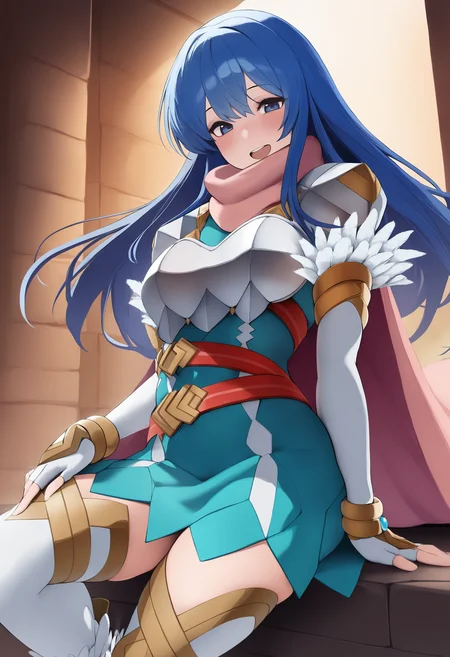 masterpiece, best quality, 1girl, solo, <lora:caeda-fe-richy-v1_ixl:1> caedarsp, blue eyes, blue hair, long hair, bangs, pink scarf, shoulder armor, chestpiece, teal dress, white gloves, elbow gloves, fingerless gloves, bracelet, multiple belts, red belt, pink cape, white thighhighs, white boots, feather trim, sitting, looking at viewer, smile, blush, open mouth,