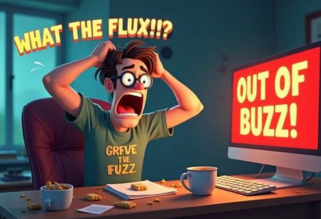 A nerdy man sitting at his computer, depicted in a Pixar-like animated style. The man has glasses, slightly disheveled hair, and is wearing a t-shirt with a geeky slogan. He is pulling his hair in frustration, with his mouth wide open as he screams 'WHAT THE FLUX!?!' in large, animated text above his head. His eyes are wide with panic and frustration. On the computer screen, the words 'OUT OF BUZZ!' are displayed in an alarming red color, emphasizing the urgency of the situation. His desk is cluttered with empty coffee cups, snacks, and scattered papers, adding to the chaotic and humorous atmosphere. The overall scene captures the man's exaggerated frustration in a very funny and animated way