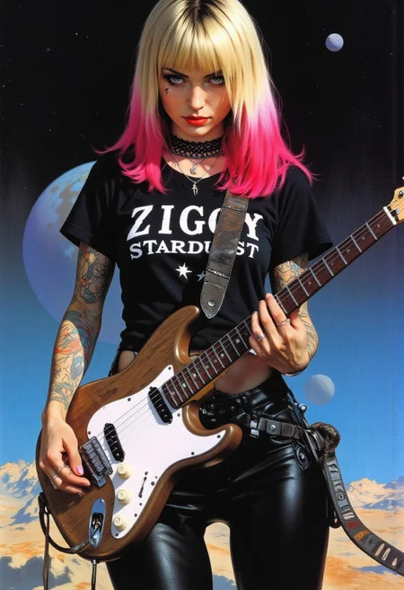 Niji Stan Katayama Style Frank Frazetta fantasy oil painting of a young punk rock woman, hair dip dyed from blonde to bright pink.  punk rock girl, black lace choker, wearing tight punk "ZIGGY STARDUST" t-shirt with rips in it.  playing an electric guitar on a sleezy alien world, multiple moons in the night sky, low cut tight black leather pants