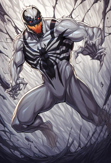 zPDXL3, score_9, score_8_up, score_7_up, (detailed face, detailed body, detailed background, perfect anatomy, masterpiece, high quality, best quality) BREAK anti-venom, symbiote, red eyes, glowing eyes, sharp teeth, monster, muscular, action pose, slime, hand, 5 fingers <lora:detailed_notrigger:1> <lora:Anti-Venom_Marvel_V1:1>