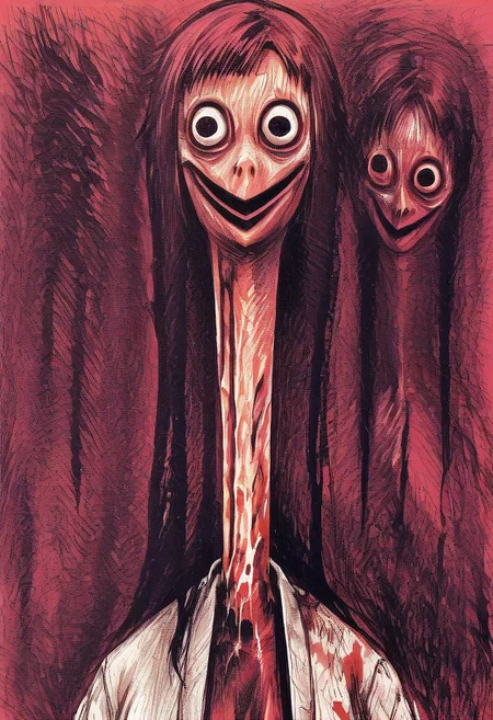 tomino, horror (theme), long hair, smile, japanese clothes, kimono, blood, blood on clothes, red theme, momocreepypasta, long hair, black hair, black eyes, wide eyed, wide smile, scuted arms, scuted legs, scutes, bird claws, talons