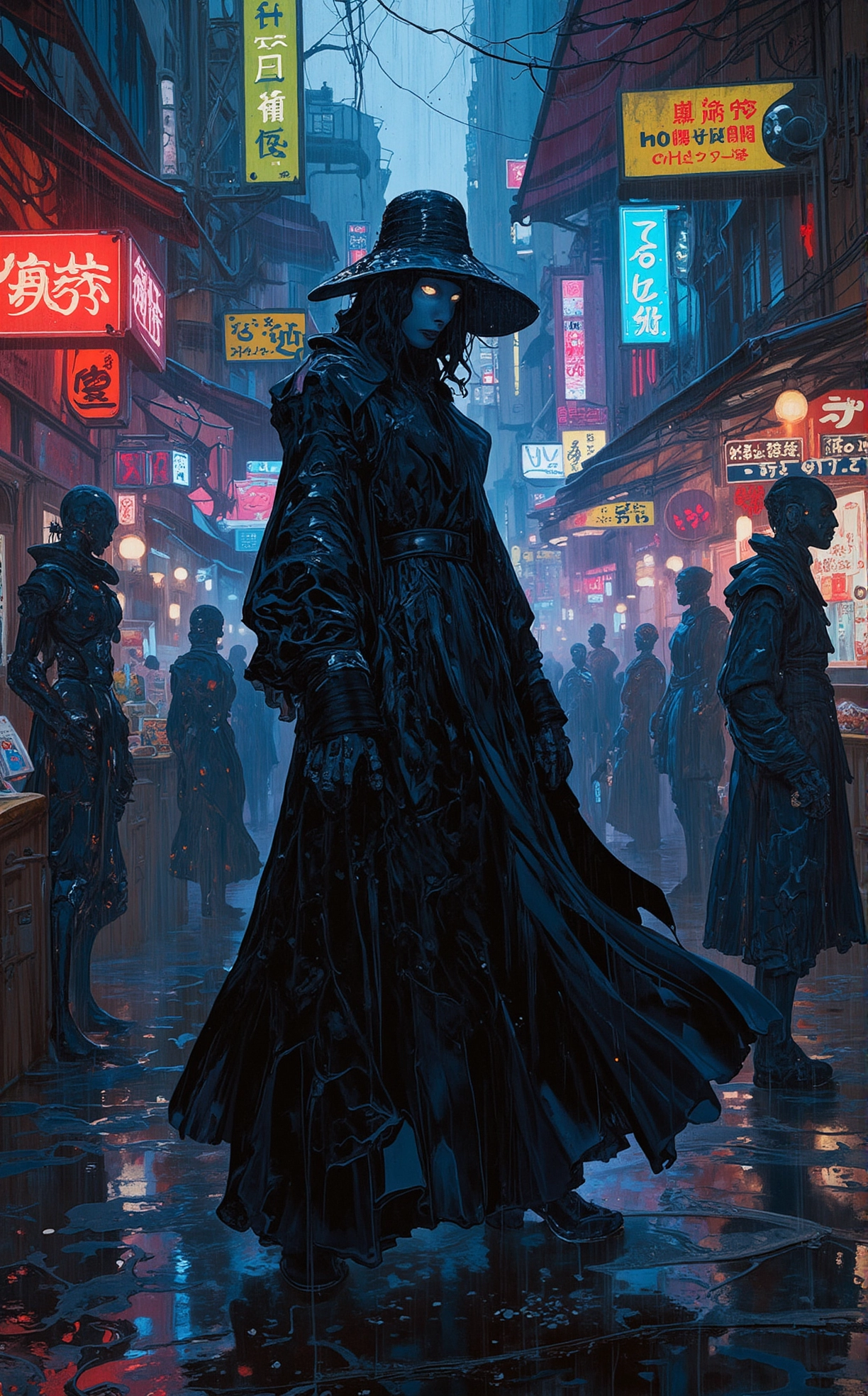 Off-center composition, right-aligned dynamic composition, A woman stands on a darkened street, wearing a long, flowing trench coat made of shimmering black material. Her face is partially hidden by a wide-brimmed hat, and the only visible feature is her glowing, silver eyes. The background is a rainy cityscape, with neon signs reflecting off the wet pavement., Within a Bustling Futuristic Marketplace: The air is filled with the sounds of robotic vendors calling out their wares, from cybernetic implants to exotic alien spices. Neon signs in various languages hover above each stall, while augmented reality displays show product specifications in real-time. The crowd is a mix of humans, aliens, and androids, all moving in a flow of commerce and technology., luxury product style  . elegant, sophisticated, high-end, luxurious, professional, highly detailed