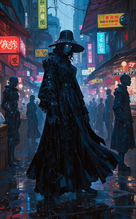 Off-center composition, right-aligned dynamic composition, A woman stands on a darkened street, wearing a long, flowing trench coat made of shimmering black material. Her face is partially hidden by a wide-brimmed hat, and the only visible feature is her glowing, silver eyes. The background is a rainy cityscape, with neon signs reflecting off the wet pavement., Within a Bustling Futuristic Marketplace: The air is filled with the sounds of robotic vendors calling out their wares, from cybernetic implants to exotic alien spices. Neon signs in various languages hover above each stall, while augmented reality displays show product specifications in real-time. The crowd is a mix of humans, aliens, and androids, all moving in a flow of commerce and technology., luxury product style . elegant, sophisticated, high-end, luxurious, professional, highly detailed
