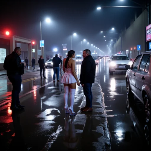a dramatic nighttimeside view a dramatic wet and fogy obscure nighttime scene under a bridge in a futuristic city, A woman in the rain on the sidewalk of a city street, she is waiting extremely bored  and watching the occasional passing cars, she wears white thigh high boots,  and textile white pleated micro skirt and white thigh high stockings, she wears a short white mesh spaghetti halter top.  Her hair is long and  black 3-times tiered ponytail,  The rain is falling heavily, and clouds of fog is in the background. creating reflections and puddles on the pavement. Her expression is calm, slightly and partially illuminated by streetlights and the occasional passing car. The wetness of her clothes clings to her body, with the rain accentuating the brunette hair. whailtail. The overall scene has a moody, yet strikingly beautiful atmosphere.cleavage. Break bright lights and a stark contrast between light and shadow, it's raining the streets are wet and there are several puddles, neon lights and a bit of fog create a cinematic atmosphere. three ugly old men are standing around the woman talking to her. one man is grabing under her skirt to her vagina. one man is lifting her left breast. scene under a bridge in a futuristic city, A woman standing in the rain on the sidewalk of a city street, she wears clear gogo heels, with wet light pink hoody and a white pleated miniskirt. Her hair is black and ponytail,  The rain is falling heavily, creating reflections and puddles on the pavement. Her expression is calm, slightly and partially illuminated by streetlights and the occasional passing car. The wetness of her clothes clings to her body, with the rain accentuating the blonde hair. The overall scene has a moody, yet strikingly beautiful atmosphere. Braless, cleavagea. Break She is talking through the open window of a vw golf mk2 standing there with bright lights and a stark contrast between light and shadow,  arches over the scene, it's raining the streets are wet and there are several puddles, neon lights and a bit of fog create a cinematic atmosphere. three ugly old men are standing around her and talking to her. an man grabs up her skirt:1.6
