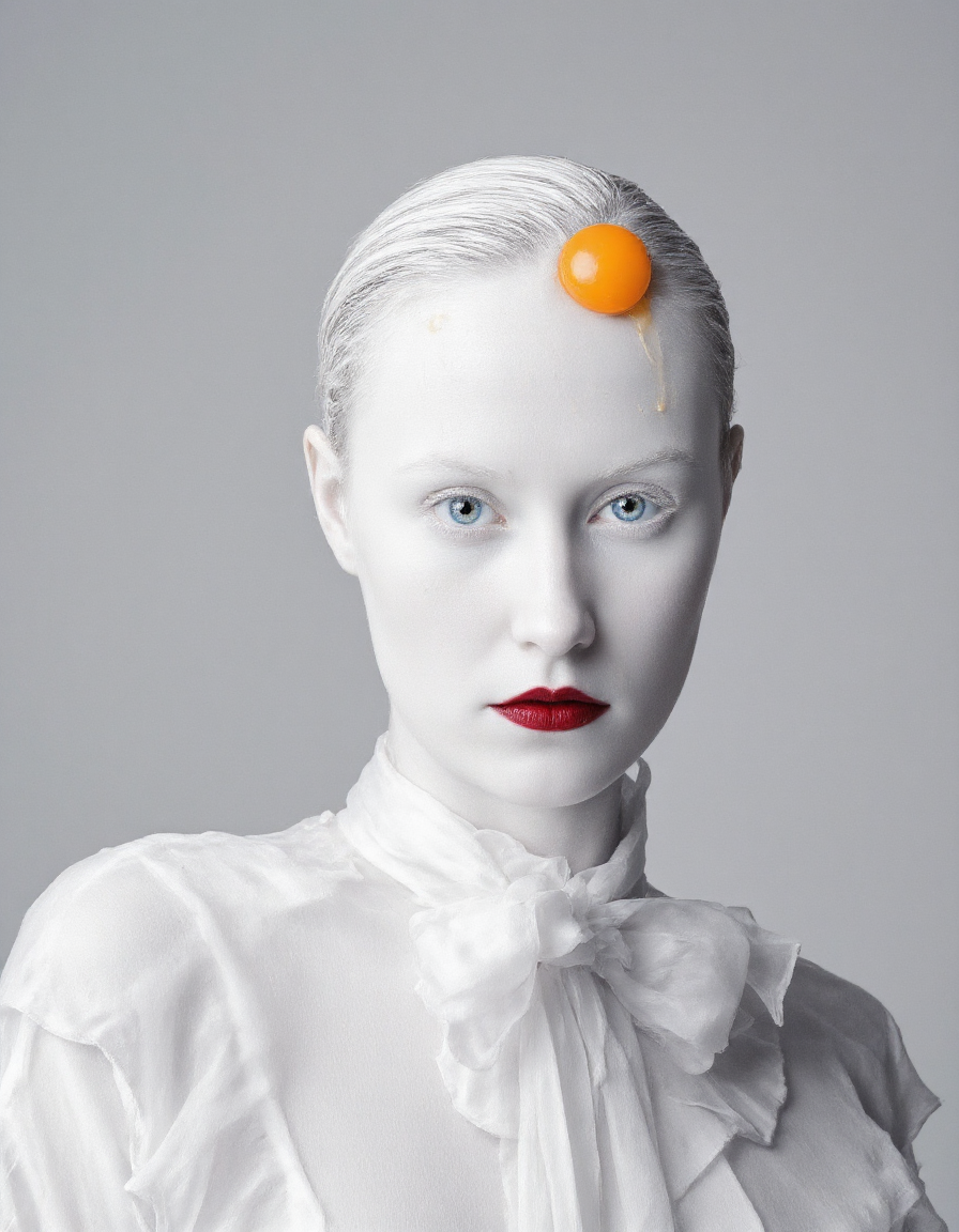 (Flora Borsi's photograph depicting:1.5) Hyper-realistic, surreal close-up portrait of a young woman with extremely pale, almost ghostly white skin. The subject has slicked-back platinum blonde hair, styled neatly against her head, giving a polished look. A single, intact egg yolk is placed on her forehead, with egg white fluid subtly dripping down, adding an element of surrealism. Her lips are painted a vivid, bold red, standing out sharply against her pale complexion. The woman is dressed in a sheer, high-collared white blouse with delicate ruffles and a bow around the neck, complementing the overall monochromatic palette of the image. The background is a solid light gray, ensuring the subject remains the focal point. Her eyes are a striking light blue, with a calm, neutral expression. The lighting is soft and even, highlighting the smooth texture of her skin and the shine of the egg yolk, creating a dreamlike, minimalistic, and avant-garde aesthetic. Emphasize sharp facial features, intricate details in the blouse fabric, and a high contrast between the red lips and pale skin. The overall composition should be minimalistic, clean, and modern, with surreal artistic elements. aidmafluxpro1.1  <lora:aidmaFLUXpro1.1:1>