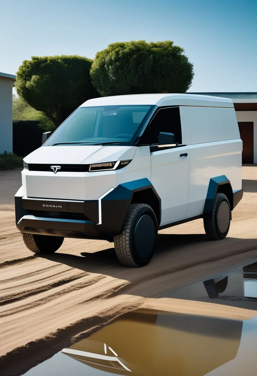 photo of a sks teslacybert_dog "Create an image that blends the futuristic design of a Tesla Cybertruck with the compact charm of a Daihatsu Hijet Truck S100. Visualize a vehicle with the robust, angular silhouette of the Cybertruck, but scaled down to the size and proportions of the Hijet Truck. Incorporate sleek, metallic surfaces and futuristic LED lighting reminiscent of the Cybertruck, while maintaining the practicality and versatility of the Hijet Truck's design. Let the resulting image showcase a unique fusion of modern innovation and classic utility, offering a fresh perspective on both vehicles' iconic features."
("REPUBLICA DOMINICANA." text logo: Daihatsu Hijet Truck S100 a white van loaded with large blue water containers, parked on a muddy road in front of a small house. Here are the details: The truck is white and appears to be an older model. It is loaded with several large blue plastic water containers that are secured together. The truck is parked on a wet, muddy road; Tire tracks are visible in the mud. In the background there is a small house with brown walls and graffiti or writing. Above the house you can see a green tree and a clear sky, indicating a sunny day. !White van with blue water containers{: .image-caption}