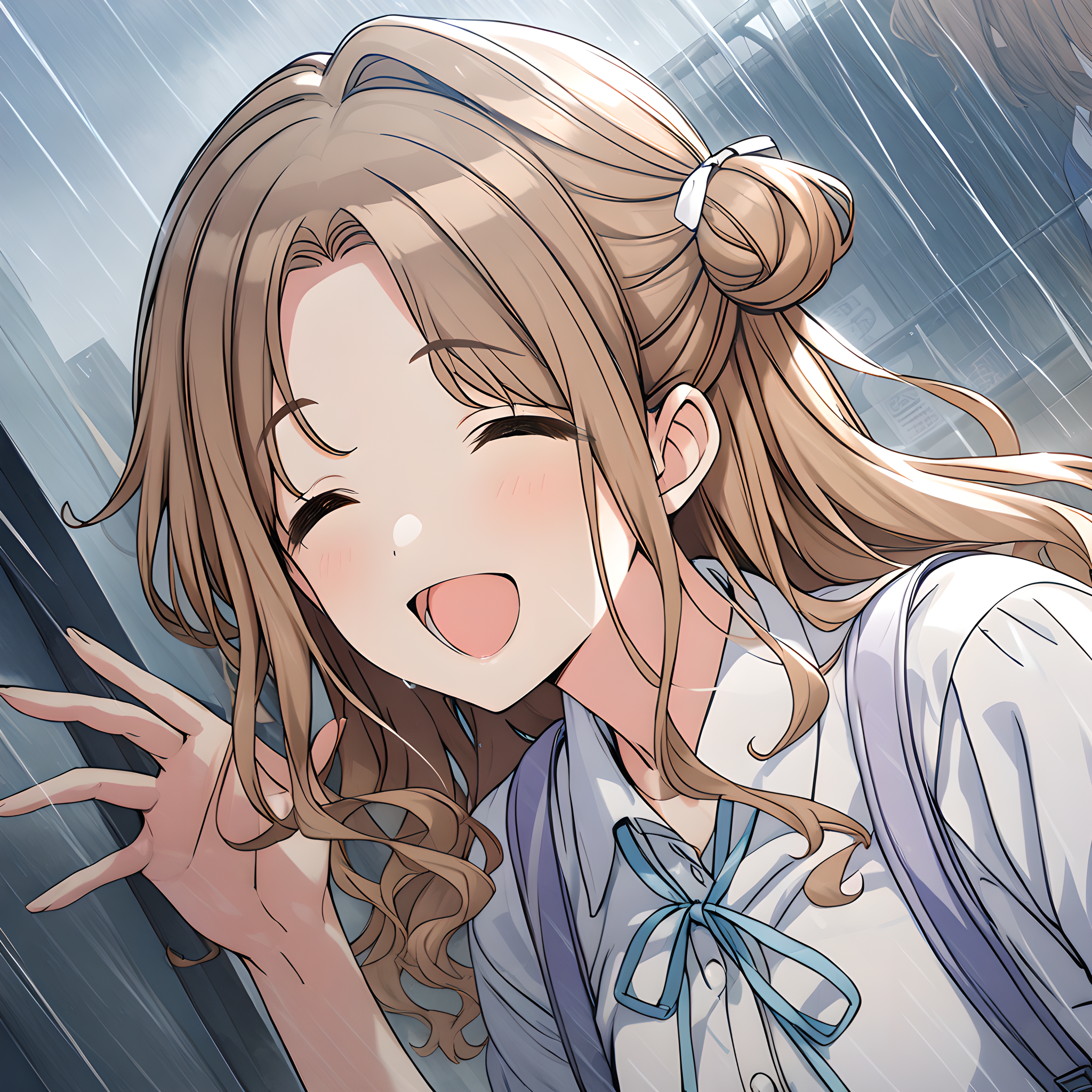 ichikawa_hinana, 1girl, brown hair, solo, shirt, hair bun, closed eyes, school uniform, single hair bun, white shirt, ribbon, rain, single side bun, upper body, bag, open mouth, smile, long hair, wavy hair, schooluni <lora:Ichikawa_Hinana:1>, (masterpiece),(best quality),(ultra-detailed),(best illustration),(best shadow),(absurdres),(detailed background),(very aesthetic),