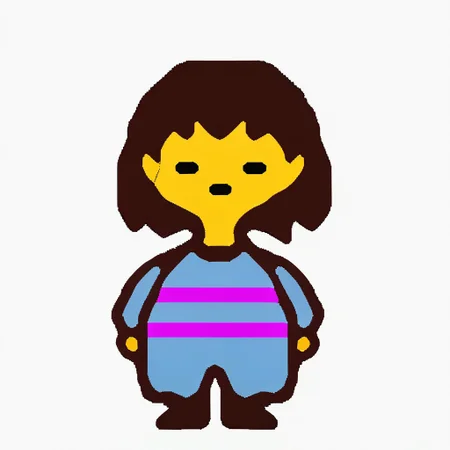 Score_9, score_8_up, score_7_up, digital art, cartoonish, FriskUndertale, 1character, 2d, digital art, cartoonish, cartoon, flat colors, no shading, yellow skinned, colored skin, human, long-sleeves shirt, light blue shirt, magenta stripes on shirt, light blue pants, brown shoes, medium hair, brown hair, short bangs, choppy bangs, Blank expression, closed eyes, closed mouth, front view, facing forward, looking at viewer, straight-on, standing, standing pose, white background