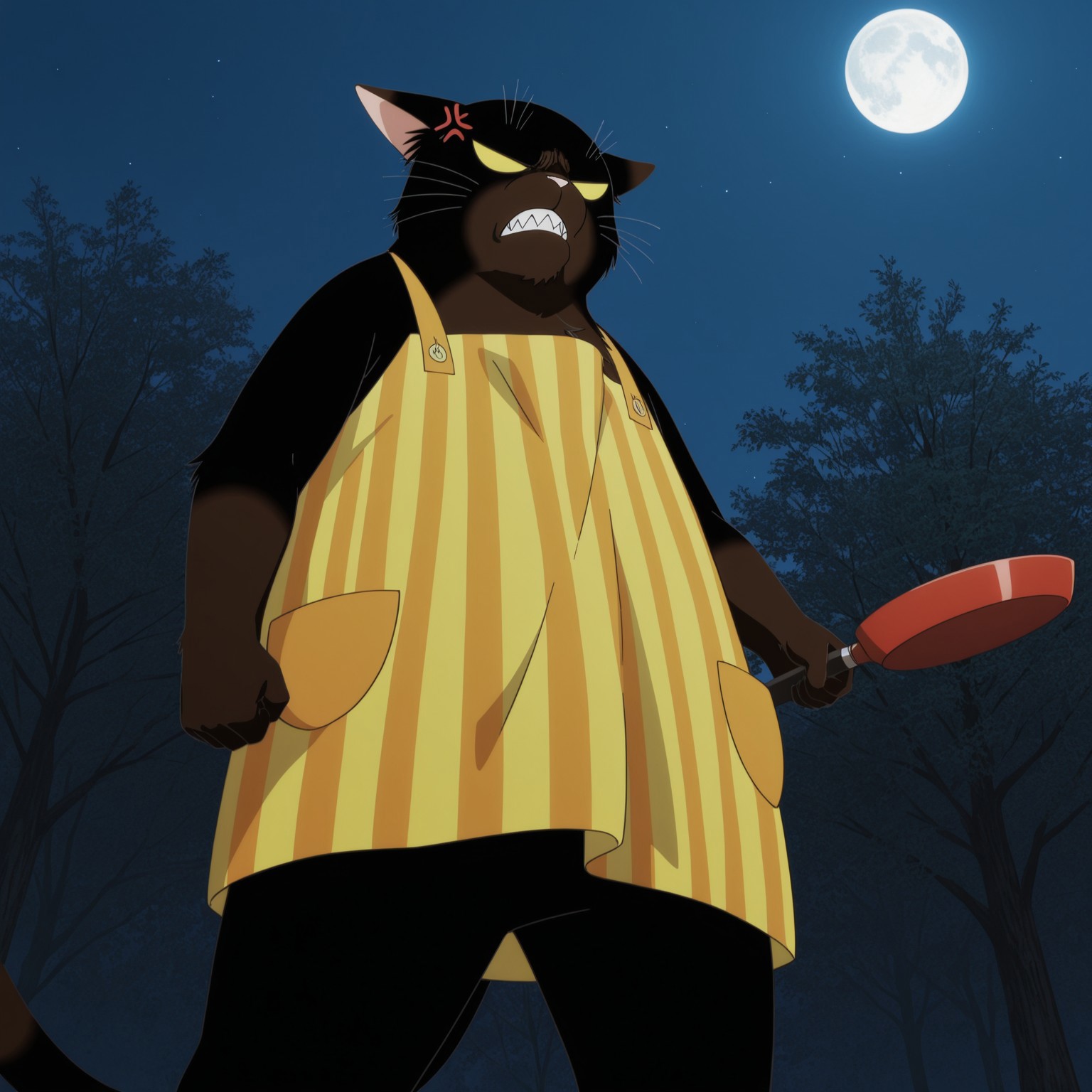 Yukichi, 1boy, 2d, solo, male, furry male, domestic cat, feline, black cat, pink inner-ears, black fur, brown fur, pink nose, two tone fur, whiskers, tail, striped apron, yellow and orange apron, sleeveless, yellow sclera, no pupils, anger vein


BREAK standing, angry expression, sharp teeth, holding single red frying pan in one hand, low angle view, raising frying pan, outside, outdoors, night, trees, moon, low angle view, standing

BREAK best quality, amazing quality, very aesthetic, absurdres, newest, high quality, masterpiece