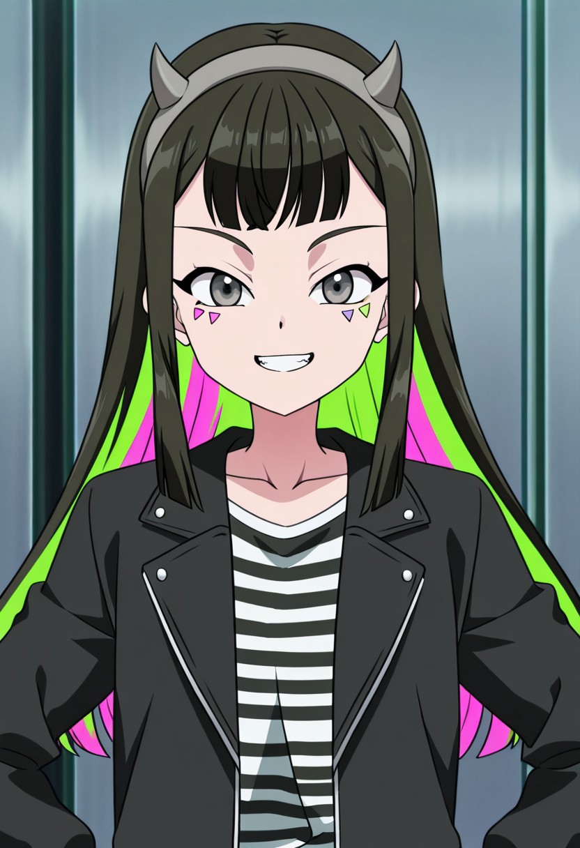 zPDXLx, mur4k4mi-ip,Anime screencap, anime art style, beyblade series,beyblade x,1girl,multi nanairo,solo,smile,long hair,black hair,multicolored hair,shirt,looking at viewer horns,green hair,long sleeves,fake horns,grin,bangs,facial mark,hairband,teeth,pink hair,black jacket,grey eyes,striped,two-tone hair,upper body,jacket,black eyes,striped shirt,collarbone,casual attire